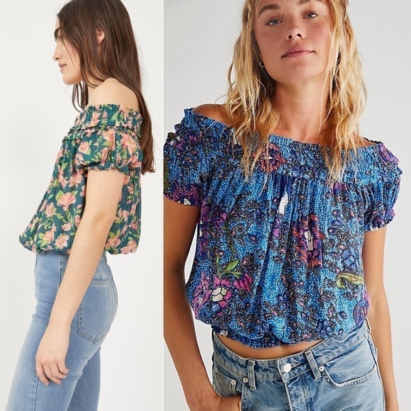 NWT FREE PEOPLE 70s Smocked Off Shoulder Floral Short Sleeve Blouson Crop Top S - Picture 2 of 11